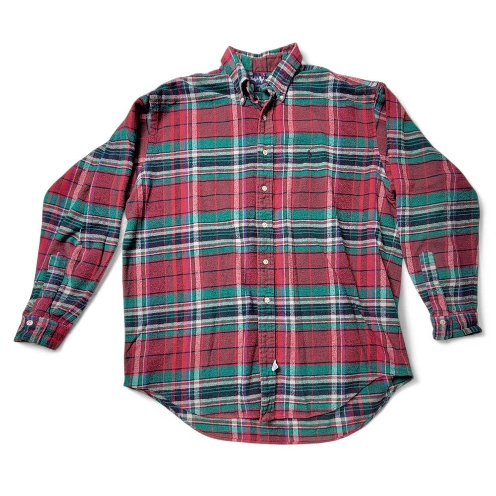 Vintage Ralph Lauren Flannel Shirt Men's Large Red Green Plaid Button Down 90s